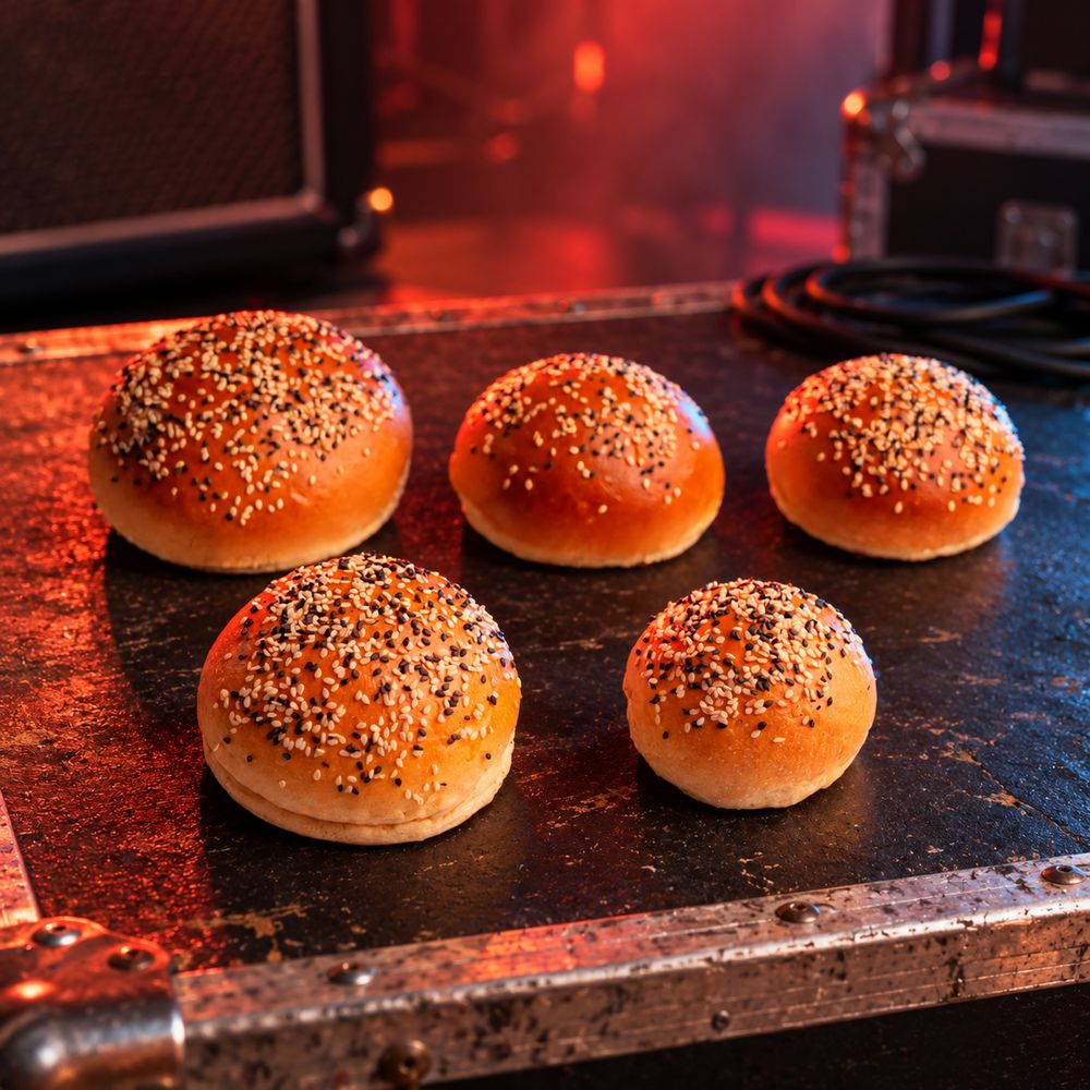 Five sesame-topped buns lined up on a road case under red stage lights